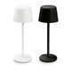 Rechargeable table lamps in white and black, featuring a simple, modern design with a round base.