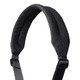 A padded black shoulder strap with an adjustable buckle and a logo at the top.