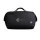 A black duffel bag with a logo on the front. It features dual handles for carrying.