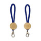 A blue keytag with a looped rope design and a wooden circular attachment featuring an engraved logo.
