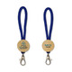 A keytag with a wooden circular base, featuring a logo and attached to a blue braided lanyard.