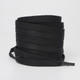 A stack of black shoe laces, coiled neatly, featuring a textured finish. The product has a logo.