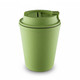 A drink bottle in a light green colour, resembling a takeaway cup, with a flip lid and a logo.