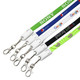 A collection of colourful polyester lanyards with clips, featuring various branding designs.
