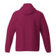 A maroon men's packable rain jacket with a hood, featuring long sleeves and a simple design on the back.