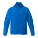 A blue men's packable jacket with a hood and full zip front, featuring a logo on the chest.