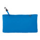 A blue packable jacket with a zippered pocket and a hook for easy carrying. It features a logo on the fabric.