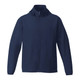 A navy packable jacket with a hood and full zip, featuring a logo on one side.
