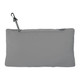 A grey men's packable jacket, folded and stored with a zip closure and a clip for attachment.
