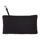 A black packable jacket with a zipper, featuring a clip for attachment. It includes a branded logo.