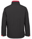 A black soft shell jacket with red accents and a collar. The back view showcases a simple design and a logo detail.