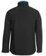 A black soft shell jacket featuring a contrasting blue collar and a logo. The back view showcases its sleek design.