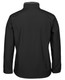 A black soft shell jacket with a high collar, featuring a back view and a simple, sleek design.
