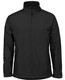 A black soft shell jacket featuring a front zipper and side pockets, with a branding logo.