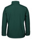 A green soft shell jacket featuring a high collar and a simple design, with a logo on the back.