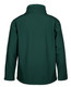 A soft shell jacket in dark green with a high collar and long sleeves, featuring branding on the back.