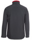 A soft shell jacket in dark grey with a red collar, featuring a logo on the back.