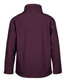 A soft shell jacket in a deep burgundy colour, featuring a high collar and long sleeves. It has a logo on the back.