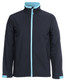 A soft shell jacket in black with light blue accents and a zip front. It features a high collar and side pockets.