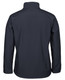 A soft shell jacket in dark navy, featuring a collar and long sleeves. It has a logo on the back.