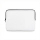 A small laptop sleeve in white with a black zipper and trim. It features a logo.