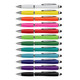 A collection of stylus pens in various colours, including white, yellow, orange, pink, green, blue, and black, with silver accents.
