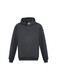 A black hoodie featuring a front pocket and a hood, designed for kids, with a logo on the front.