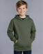 A grey kids' fleecy hoodie with a front pocket and a hood, worn by a smiling child against a neutral background.