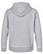 A grey hoodie featuring a close front and a hood, showcasing a simple back view. Includes a logo.
