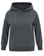 A grey kids' hoodie with a front pocket and hood, featuring a logo. Suitable for casual wear.