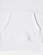 A white fleece hoodie featuring a front pocket and a smooth texture. It includes a logo detail.
