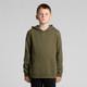 A green hoodie with a front pocket and a hood, designed for youth wear. Features branding on the garment.