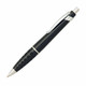 A metal pen in black with silver accents and a textured grip. It features a clip and a branding logo.