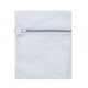 A white laundry bag with a grey zipper, featuring a branding logo on the front.