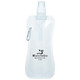 A drink bottle in clear plastic with a spray nozzle and a carabiner clip features branding on the side.