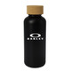 A drink bottle in black with a cork lid and a logo on the front, designed for holding 650ml of liquid.