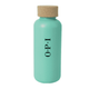 A drink bottle in mint green with a cork lid and a logo on the front.