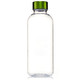 A drink bottle made of clear Tritan with a green screw-on lid, featuring a logo.