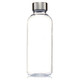 A drink bottle made from clear Tritan, featuring a silver metallic cap and a logo.