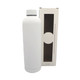 A drink bottle with a sleek white design, accompanied by a minimalistic box, featuring a logo on the bottle.