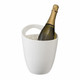 A white ice bucket containing a champagne bottle and ice, featuring a handle for easy carrying.