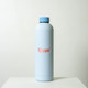 A drink bottle in light blue with a matching lid, featuring a logo in pink.