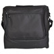 A black picnic basket with a zipped front pocket and an adjustable strap. It features a compact and sturdy design.