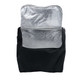 A black picnic basket with a silver insulated lining, featuring a pocket at the back. Includes a logo.