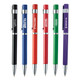 A set of six plastic pens in black, blue, red, green, purple, and orange, featuring various logos.