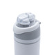 A drink bottle in white and grey with a twist cap and built-in straw. Features a logo on the body.