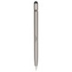 A sleek silver metal pen with a stylus tip, featuring a logo and a smooth finish.