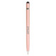 A metal pen in a rose gold colour with a stylus tip at one end and a branding logo.