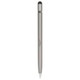 A metal pen in silver with a sleek design, featuring a black tip and a branding logo at the base.