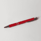 A red metal pen with a shiny silver clip, featuring two decorative silver bands.